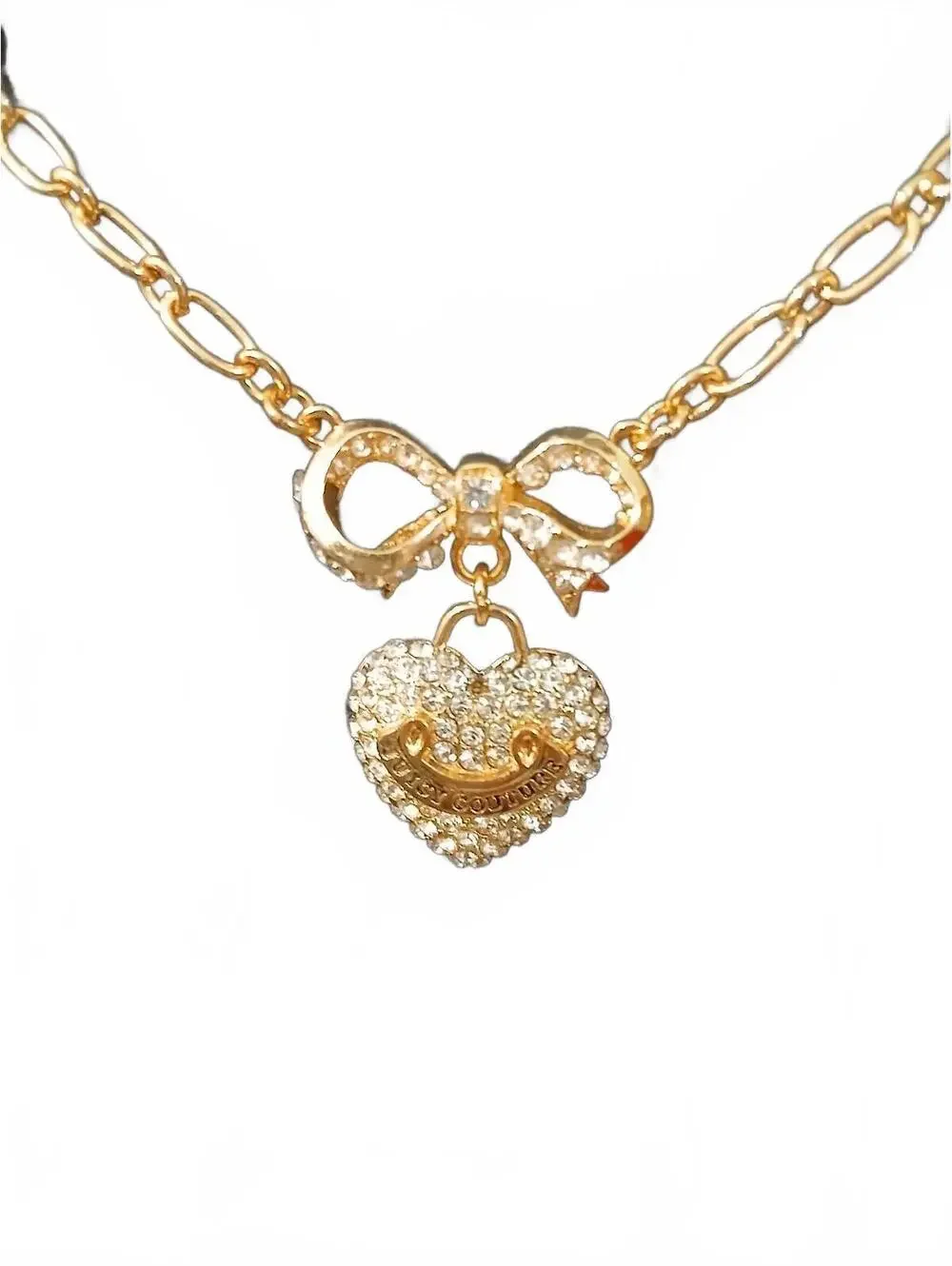 Juicy Couture Bow Heart Pearl Rhinestone Gold Tone Necklace Y2K McBling